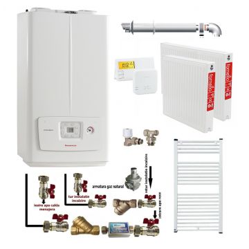 Pachet apartament cu o camera, centrala termica pe gaz in condensare Immergas Victrix Omnia V2 26, condensatie, 20 kW incalzire, 26 kW preparare apa calda, kit evacuare inclus, termostat, calorifere otel, kit armaturi centrala, robineti calorifere