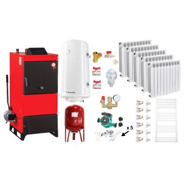 Pachet Centrala pe combustibil solid Fiama D2-25 Putere 29 kW, cu Ventilator si Automatizare, Calorifere aluminiu Fornello Alvo, Boiler Termoelectric, Pompa, Vas Expansiune si Fitinguri