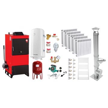 Pachet Centrala pe combustibil solid Fiama D2-25 Putere 29 kW, cu Ventilator si Automatizare, Cos inox, Calorifere aluminiu Fornello Alvo, Boiler Termoelectric, Pompa, Vas Expansiune si Fitinguri