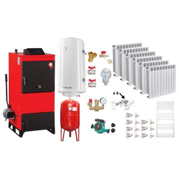 Pachet Centrala pe combustibil solid Fiama D2-40 Putere 46 kW, cu Ventilator si Automatizare, Calorifere Aluminiu Fornello Alvo, Boiler Termoelectric, Pompa, Vas Expansiune si Fitinguri