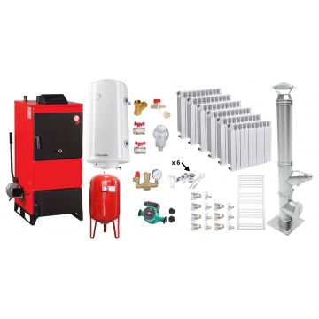 Pachet Centrala pe combustibil solid Fiama D2-40 Putere 46 kW, cu Ventilator si Automatizare, Cos inox, Calorifere Aluminiu Fornello Alvo, Boiler Termoelectric, Pompa, Vas Expansiune si Fitinguri