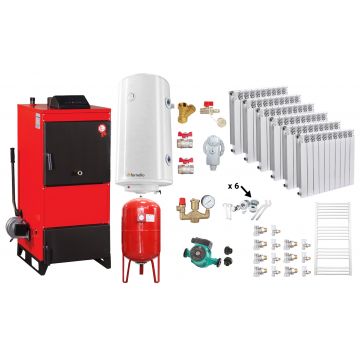 Pachet Centrala pe combustibil solid Fiama D2-60 Putere 70 kW, cu Ventilator si Automatizare, Calorifere aluminiu Fornello Alvo, Boiler Termoelectric, Pompa, Vas Expansiune si Fitinguri
