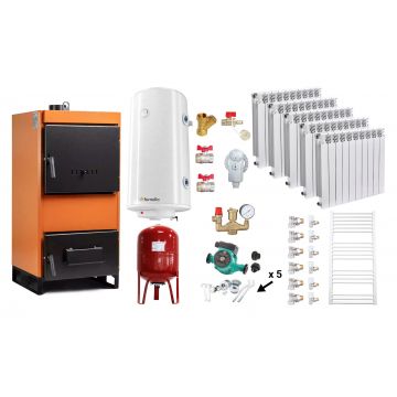 Pachet Centrala pe combustibil solid Fiama W 25 kW, Calorifere aluminiu Fornello Alvo, Boiler Termoelectric, Vas Expansune, Pompa si Fitinguri Montaj