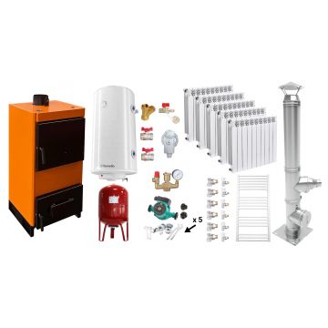 Pachet Centrala pe combustibil solid Fiama W 25 kW, Cos inox, Calorifere aluminiu Fornello Alvo, Boiler Termoelectric, Vas Expansune, Pompa si Fitinguri Montaj
