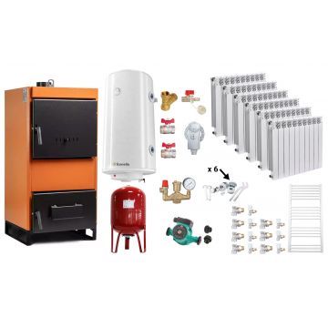 Pachet Centrala pe combustibil solid Fiama W 35 kW, Calorifere aluminiu Fornello Alvo, Boiler Termoelectric, Vas Expansune, Pompa si Fitinguri Montaj