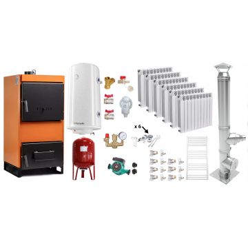 Pachet Centrala pe combustibil solid Fiama W 35 kW, Cos inox, Calorifere aluminiu Fornello Alvo, Boiler Termoelectric, Vas Expansune, Pompa si Fitinguri Montaj