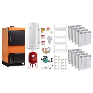 Pachet Centrala pe combustibil solid Fiama W 45 kW, Calorifere aluminiu Fornello Alvo, Boiler Termoelectric, Vas Expansune, Pompa si Fitinguri Montaj