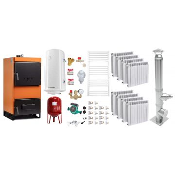 Pachet Centrala pe combustibil solid Fiama W 45 kW, Cos inox, Calorifere aluminiu Fornello Alvo, Boiler Termoelectric, Vas Expansune, Pompa si Fitinguri Montaj