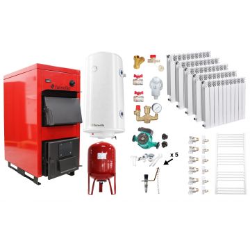 Pachet Centrala pe combustibil solid Fornello Eco Energy WB 25 kW, Calorifere Aluminiu Fornello Alvo, Boiler Termoelectric, Vas Expansune, Pompa si Fitinguri Montaj