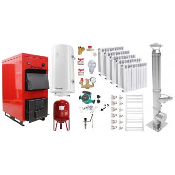 Pachet Centrala pe combustibil solid Fornello Eco Energy WB 25 kW, Cos Inox, Calorifere Aluminiu Fornello Alvo, Boiler Termoelectric, Vas Expansune, Pompa si Fitinguri Montaj