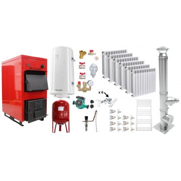 Pachet Centrala pe combustibil solid Fornello Eco Energy WB 35 kW, Cos Inox, Calorifere Aluminiu Fornello Alvo, Boiler Termoelectric, Vas Expansune, Pompa si Fitinguri Montaj