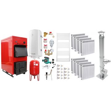 Pachet Centrala pe combustibil solid Fornello Eco Energy WB 40 kW, Cos Inox, Calorifere Aluminiu Fornello Alvo, Boiler Termoelectric, Vas Expansune, Pompa si Fitinguri Montaj