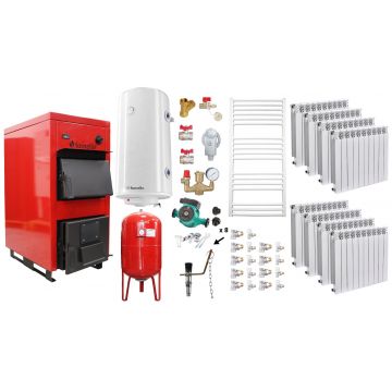 Pachet Centrala pe combustibil solid Fornello Eco Energy WB 50 kW, Calorifere Aluminiu Fornello Alvo, Boiler Termoelectric, Vas Expansune, Pompa si Fitinguri Montaj