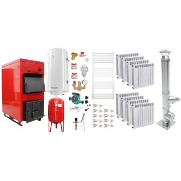 Pachet Centrala pe combustibil solid Fornello Eco Energy WB 50 kW, Cos Inox, Calorifere Aluminiu Fornello Alvo, Boiler Termoelectric, Vas Expansune, Pompa si Fitinguri Montaj