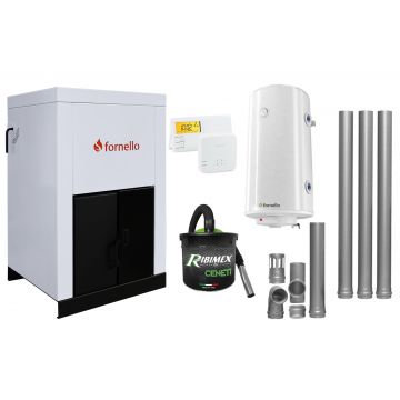 Pachet Centrala pe peleti Fornello Eco Energy 25 kW, complet echipata cu pompa, vas expansiune, automatizare, boiler, kit evacuare 3.5 ml, Termostat Salus 091FLRFV2 si Aspirator Cenusa, curatare facila, pana la 200 mp, arzator fonta