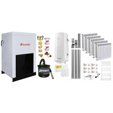 Pachet Centrala pe peleti Fornello Eco Energy 25 kW, complet echipata cu pompa, vas expansiune, automatizare, Calorifere aluminiu Fornello Alvo, Fitinguri, boiler, kit evacuare 3.5 ml, Termostat si Aspirator Cenusa, curatare facila, pana la 200 mp