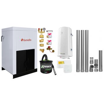 Pachet Centrala pe peleti Fornello Eco Energy 25 kW, complet echipata cu pompa, vas expansiune, automatizare, Fitinguri, boiler, kit evacuare 3.5 ml, Termostat Salus 091FLRFV2 si Aspirator Cenusa, curatare facila, pana la 200 mp