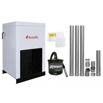 Pachet Centrala pe peleti Fornello Eco Energy 25 kW, complet echipata cu pompa, vas expansiune, automatizare, kit evacuare 3.5 ml, Termostat Salus 091FLRFV2 si Aspirator Cenusa, curatare facila, pana la 200 mp afisaj digital, arzator fonta