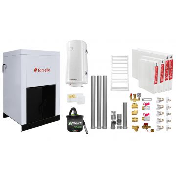 Pachet Centrala pe peleti Fornello Eco Energy 25 kW, complet echipata cu pompa, vas expansiune, automatizare, Radiatoare otel, Fitinguri, boiler, kit evacuare 3.5 ml, Termostat Salus 091FLRFV2 si Aspirator Cenusa, curatare facila, pana la 200 mp