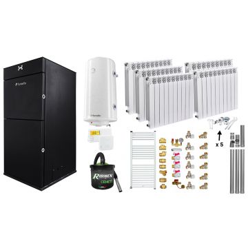 Pachet Centrala peleti Fornello Pellet King 25 kw, complet echipata,  pompa circulatie, vas  expansiune,  automatizare, Calorifere aluminiu Fornello Alvo, Boiler, kit evacuare 3.5 ml, Aspirator, Termostat si Fitinguri