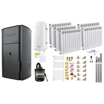 Pachet Centrala peleti Fornello Royal B 25 kw, complet echipata pentru  incalzire, pompa circulatie, vas expansiune, automatizare, Calorifere aluminiu Fornello Alvo, Boiler, kit evacuare 3.5 ml, Aspirator Cenusa, Termostat Salu si Fitinguri