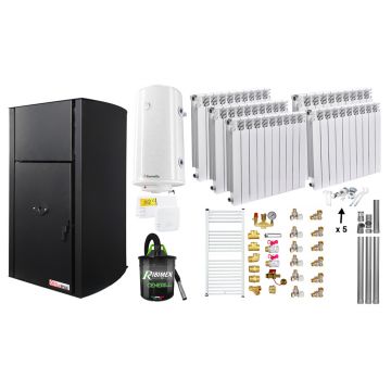 Pachet Centrala peleti Fornello Royal B 25 kw, complet echipata pentru  incalzire, pompa circulatie, vas expansiune, automatizare, Calorifere aluminiu Fornello Alvo, Boiler, kit evacuare 3.5 ml, Aspirator Cenusa, Termostat Salu si Fitinguri