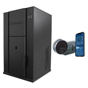 Pachet control de la distanta Centrala monobloc pe peleti Fornello Pellet King 35 kw, pompa, vas de expansiune, supapa, automatizare, tiraj fortat, buncar peleti 80 litri, aprindere automata si termostat Wi-Fi Salus IT 800