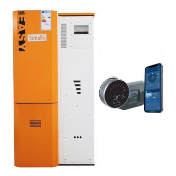 Pachet control de la distanta Centrala pe peleti  Fornello Slimpel Easy 25 kw, arzator inox, sistem curatare arzator, pompa, tiraj fortat, buncar 135 litri, A+ si termostat Wi-Fi Salus IT 800