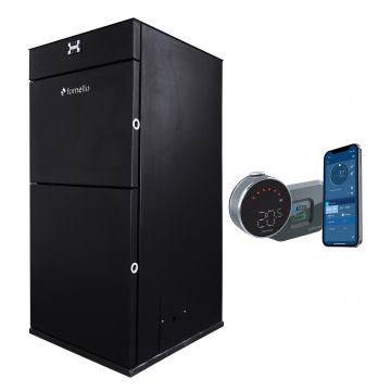 Pachet control de la distanta  Centrala peleti Fornello Pellet King 30 kw,  pompa, vas expansiune, automatizare , telecomanda, buncar peleti 70 kg,  tiraj fortat, culoare neagra, curatare facila, pana la 200 mp si termostat Wi-Fi Salus IT 800
