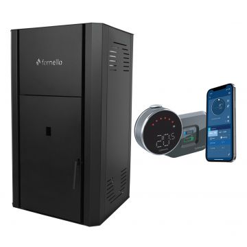 Pachet control de la distanta Centrala peleti Fornello Primo Pellet Black 25 kw, pompa, vas  expansiune,  automatizare , telecomanda , buncar peleti 30 kg,  tiraj fortat,  culoare neagra si termostat Wi-Fi Salus IT 800