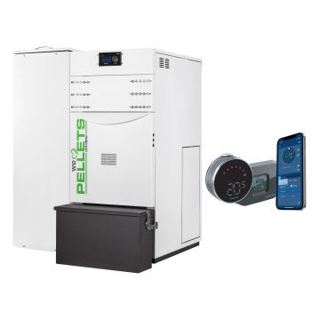 Pachet control de la distanta Centrala termica automata pe peleti Fornello Lidya Compact Prestige 25 kw,pompa Grundfos, vas, manometru, supapa, arzator inox, curatare automata arzator / schimbator de caldura si termostat Wi-Fi Salus IT 800