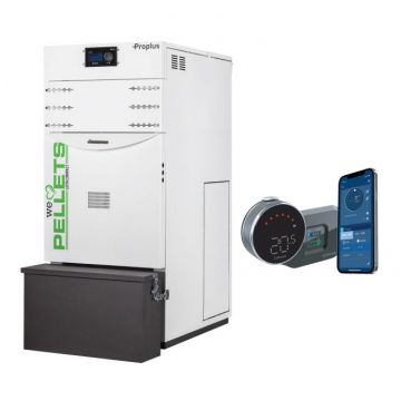 Pachet control de la distanta Centrala termica automata pe peleti Fornello Lidya Compact Proplus 25 kw, pompa  Grundfos, vas, manometru, supapa, arzator inox, curatare automata arzator / schimbator si termostat Wi-Fi Salus IT 800