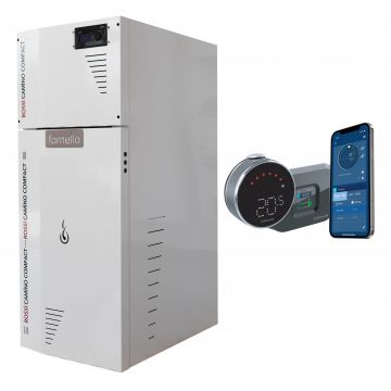 Pachet control de la distanta Centrala termica compacta pe peleti Fornello Rossi Camino Compact 25 kw, pompa, vas expansiune, tiraj fortat, arzator inox, si termostat Wi-Fi Salus IT 800