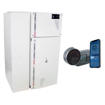 Pachet control de la distanta Centrala termica compacta pe peleti Fornello Rossi Camino Compact 35 kw, pompa, vas expansiune, tiraj fortat, cu rezervor 153 l, arzator inox si termostat Wi-Fi Salus IT 800