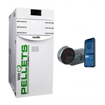 Pachet control de la distanta Centrala termica pe peleti Fornello Lidya Compact 25 kw, curatare mencanica arzator si drumuri de fum echipata cu pompa electronica Grundfos, arzator inox si termostat Wi-Fi Salus IT 800