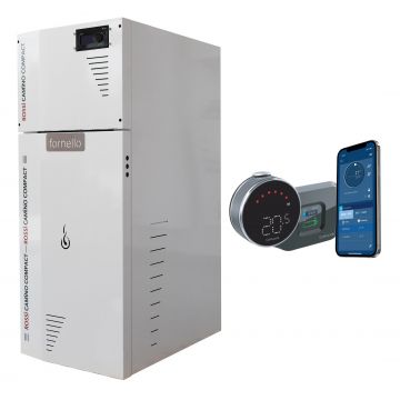 Pachet control de la distanta Centrala termica pe peleti Fornello Rossi Camino Compact 35 kw, pompa, vas expansiune, tiraj fortat, arzator inox si termostat Wi-Fi Salus IT 800
