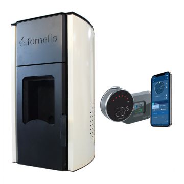 Pachet control de la distanta Termosemineu  centrala peleti Fornello Royal Ivory 25 kw, complet echipat pentru   incalzire, pompa, vas  expansiune, automatizare, telecomanda, buncar peleti tiraj fortat si termostat Wi-Fi Salus IT 800