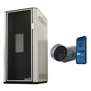 Pachet control de la distanta Termosemineu pe peleti Fornello Lidya 25 kW, pompa Grundfos, vas expansiune, telecomanda, arzator inox, sistem curatare mecanica si termostat Wi-Fi Salus IT 800