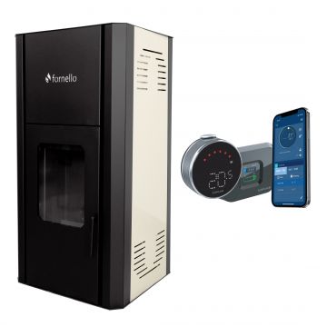 Pachet Control de la distanta Termosemineu pe peleti Fornello Primo Pellet 25 KW, aprindere automata, telecomanda, buncar, tiraj fortat, pompa, vas expansiune, touch screen, Ivory, A+ si termostat Wi-Fi Salus IT 800