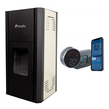 Pachet control de la distanta Termosemineu pe peleti Fornello Primo Pellet Ivory 30 kw, pompa, vas expansiune, supapa, buncar peleti 30 kg, automatizare, pana la 200 mp si termostat Wi-Fi Salus IT 800