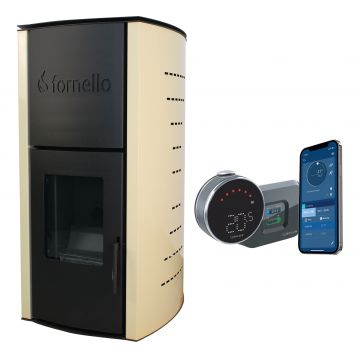 Pachet control de la distanta Termosemineu pe peleti Fornello Royal 18 kw, pompa, vas expansiune, aprindere automata, buncar peleti integrat, culoare ivory si termostat Wi-Fi Salus IT 800