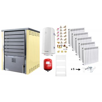 Pachet incalzire si apa calda Centrala pe lemne FORNELLO SAUNA CREAM 30 kw echipata cu pompa de circulare, calorifere aluminiu Fornello Alvo, boiler termoelectric 100l, vas expansiune si kit montaj