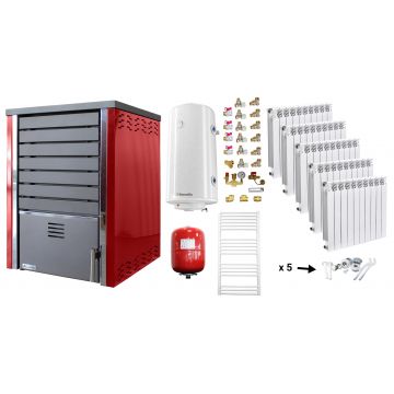 Pachet incalzire si apa calda Centrala pe lemne FORNELLO SAUNA RED 30 kw echipata cu pompa de circulare, calorifere aluminiu Fornello Alvo, boiler termoelectric 100l, vas expansiune si kit montaj