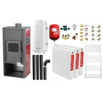 Pachet incalzire si apa calda pentru 2 camere Termosemineu pe lemne, brichete si carbune Fornello Roma E, 22 kW, 49x45x103 cm, boiler termoelectric 100l, vas expansiune, pompa circulatie, kit evacuare, calorifere si kit montaj