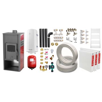 Pachet incalzire si apa calda pentru 2 camere Termosemineu pe lemne, brichete si carbune Fornello Roma E, 22 kW, 49x45x103 cm, teava, boiler termoelectric 100l, vas expansiune, pompa circulatie, kit evacuare, calorifere si fitinguri