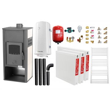 Pachet incalzire si apa calda pentru 2 camere Termosemineu pe lemne, brichete si carbune Fornello Roma E, Ivory, 22 kW, 49x45x103 cm, boiler termoelectric 100l, vas expansiune, pompa circulatie, kit evacuare, calorifere si kit montaj