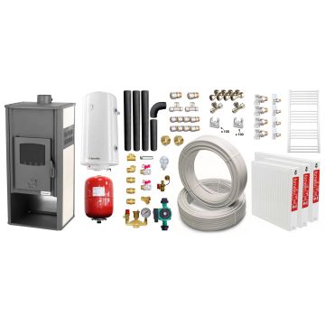 Pachet incalzire si apa calda pentru 2 camere Termosemineu pe lemne, brichete si carbune Fornello Roma E, Ivory, 22 kW, 49x45x103 cm, teava, boiler termoelectric 100l, vas expansiune, pompa circulatie, kit evacuare, calorifere si fitinguri
