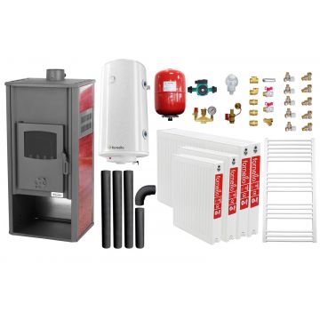 Pachet incalzire si apa calda pentru 3 camere Termosemineu pe lemne, brichete si carbune Fornello Roma E, Bordeaux, 22 kW, 49x45x103 cm, boiler termoelectric 100l, vas expansiune, pompa circulatie, kit evacuare, calorifere si kit montaj