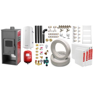 Pachet incalzire si apa calda pentru 3 camere Termosemineu pe lemne, brichete si carbune Fornello Roma E, Bordeaux, 22 kW, 49x45x103 cm, teava, boiler termoelectric 100l, vas expansiune, pompa circulatie, kit evacuare, calorifere si fitingu