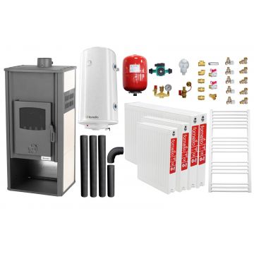 Pachet incalzire si apa calda pentru 3 camere Termosemineu pe lemne, brichete si carbune Fornello Roma E, Ivory, 22 kW, 49x45x103 cm, boiler termoelectric 100l, vas expansiune, pompa circulatie, kit evacuare, calorifere si kit montaj